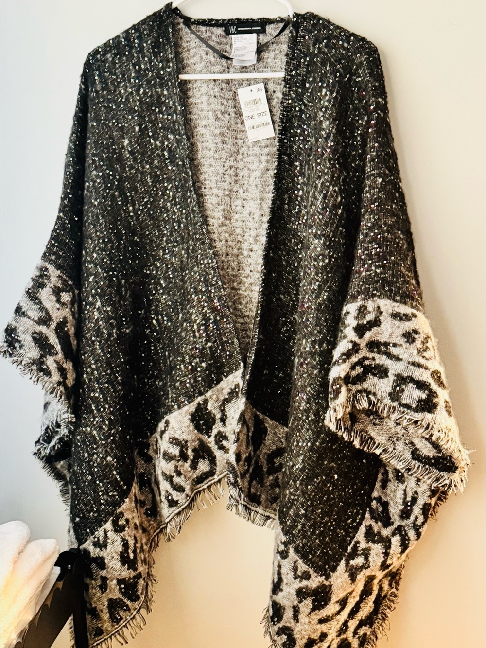 Black Sequin Knit Poncho with Cream Leopard Border